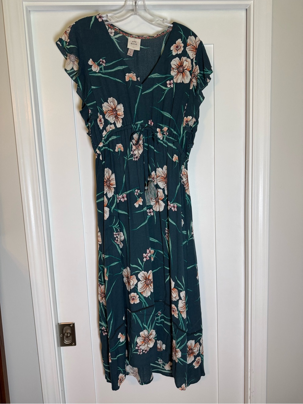 Floral V-Neck Midi Dress flutter sleeve MEDIUM boho Knox Rose Teal with flowers